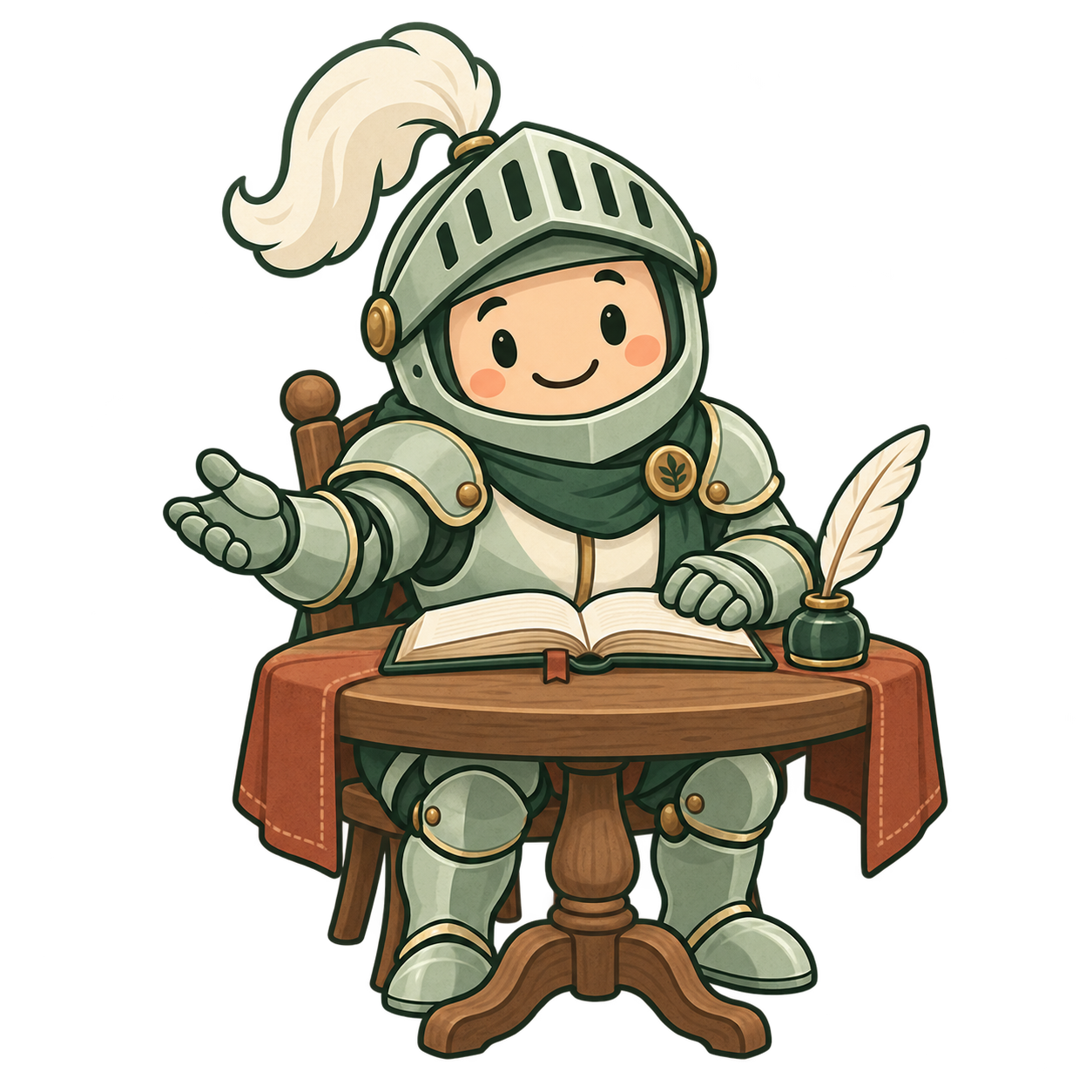 A friendly little knight at a round table, with a book and quill